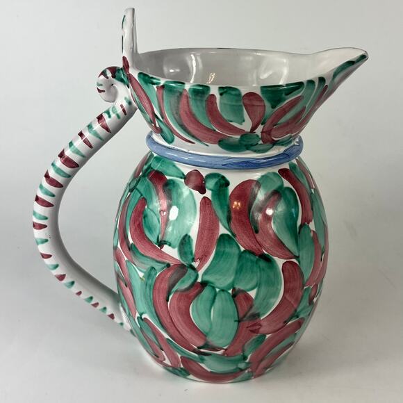 Kitty Cat Pitcher Vintage Hand Painted Italian Glazed Green Red 2105/2 Carafe - Picture 3 of 14